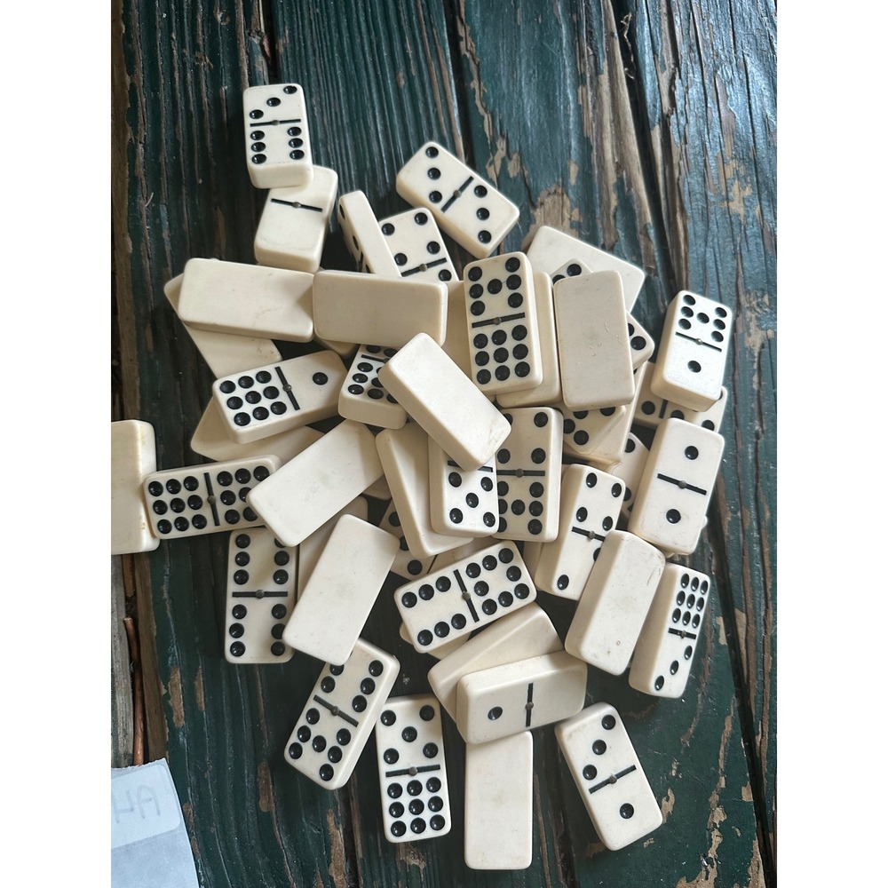 Vintage Cream Double Nine Dominoes Set with Brass Spinners Black Pips A4294